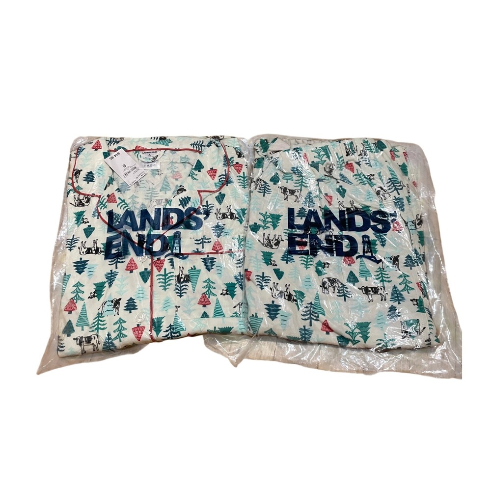 Lands End Womens Flannel Pajama Set Peeking Cows Trees Cream Small 503676 NWT